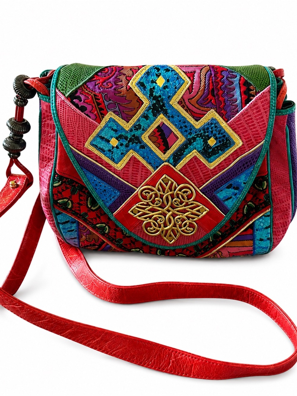Vintage Sharif Made USA Patchwork Leather Crossbody Bag Colorful Boho Purse